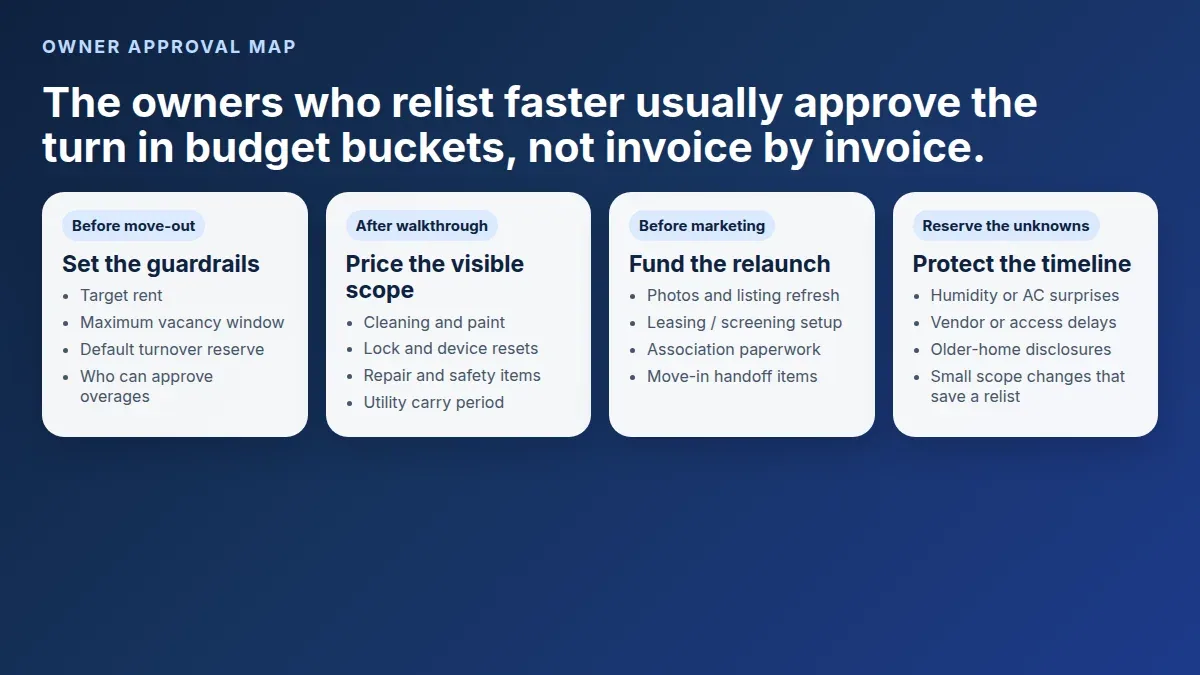 Owner approval map showing how to set the turnover budget before move-out, after walkthrough, before marketing, and inside the contingency reserve