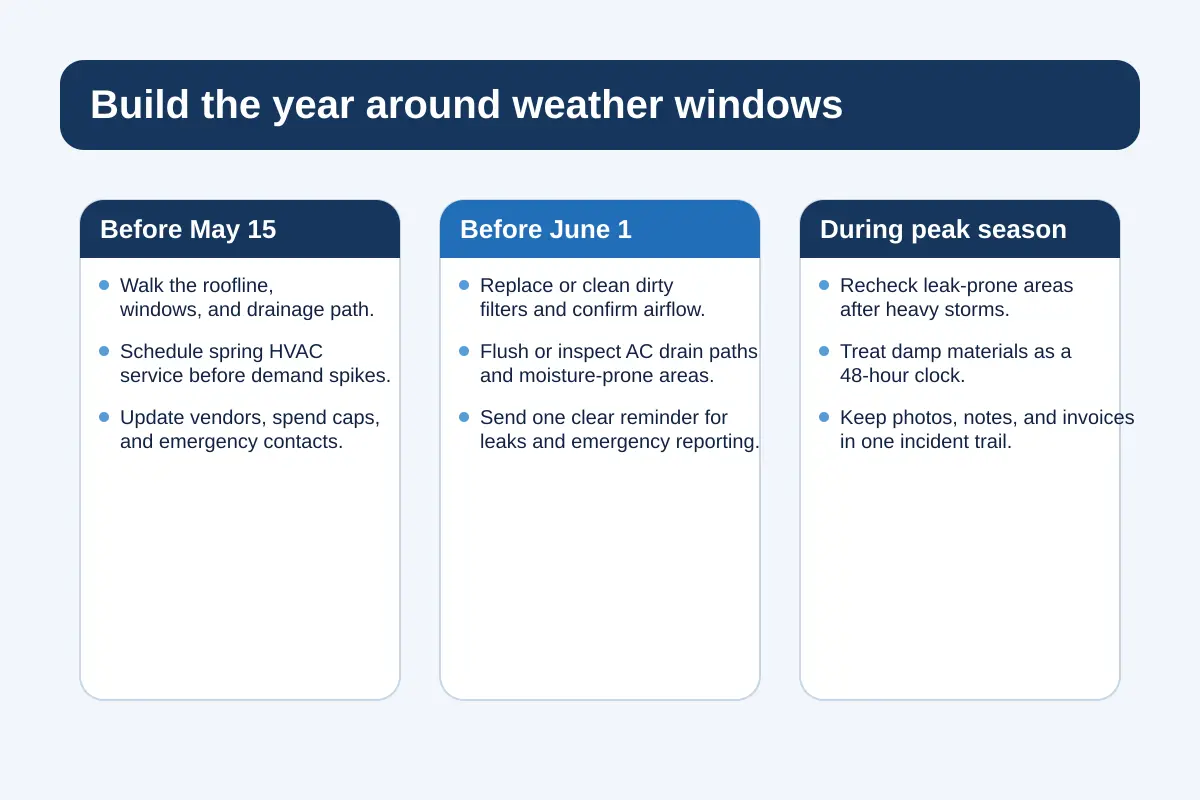 Navy planning graphic showing the maintenance tasks to finish before May 15, before June 1, and during the September storm peak