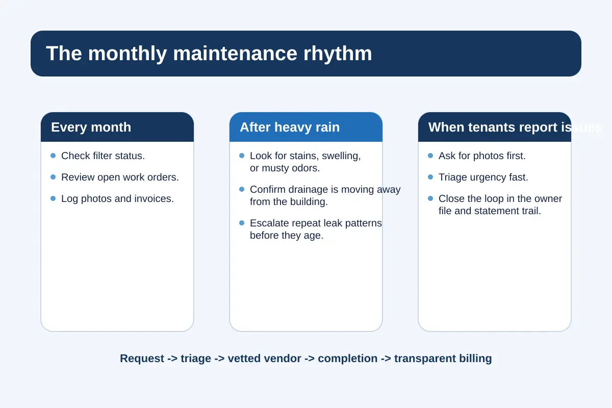 Navy monthly-maintenance rhythm graphic showing filter checks, moisture monitoring, leak follow-up, and owner-portal documentation