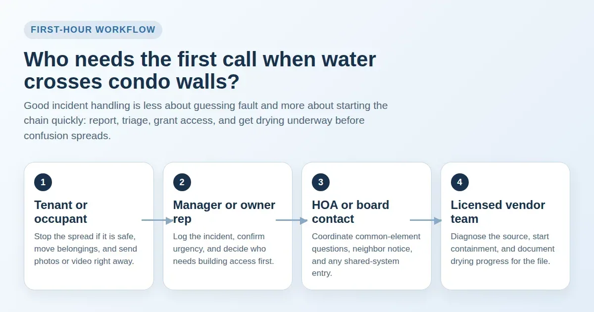 Navy workflow diagram showing the first-call chain for condo water damage across tenant, manager, HOA, and vendor roles