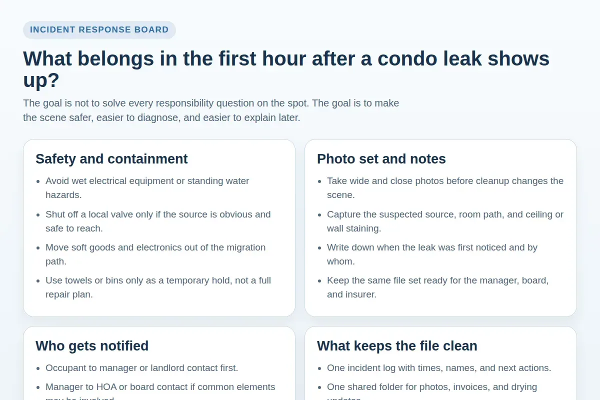 Diagram showing the first-hour condo leak checklist across safety, photos, notifications, and incident-file steps