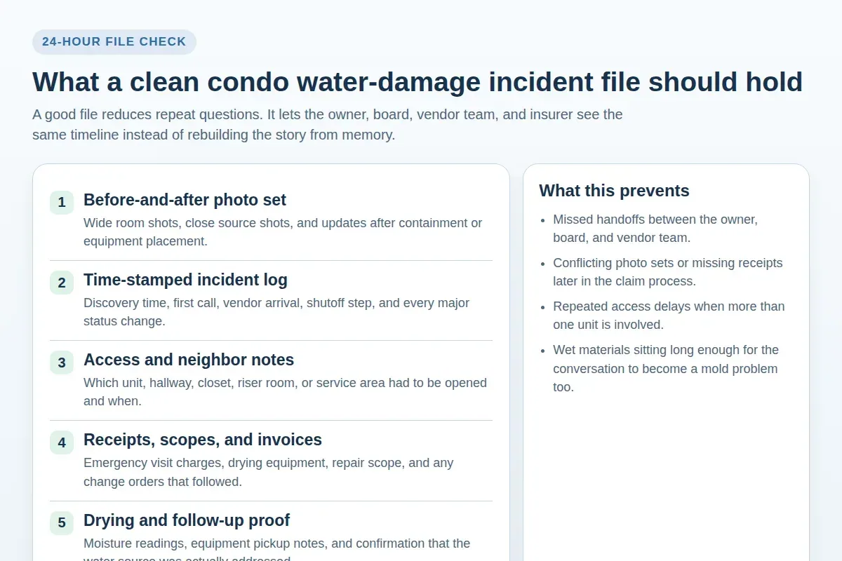 Checklist diagram showing the records, receipts, access notes, and drying proof that belong in a condo water-damage incident file