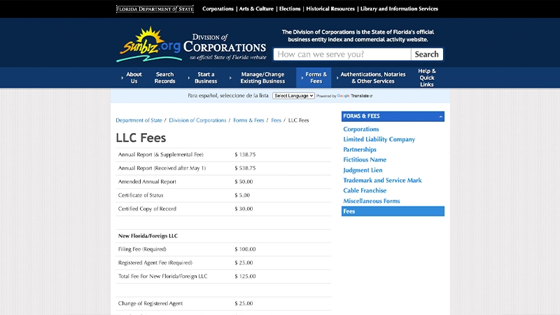 Screenshot Of Sunbiz Florida Llc Fees